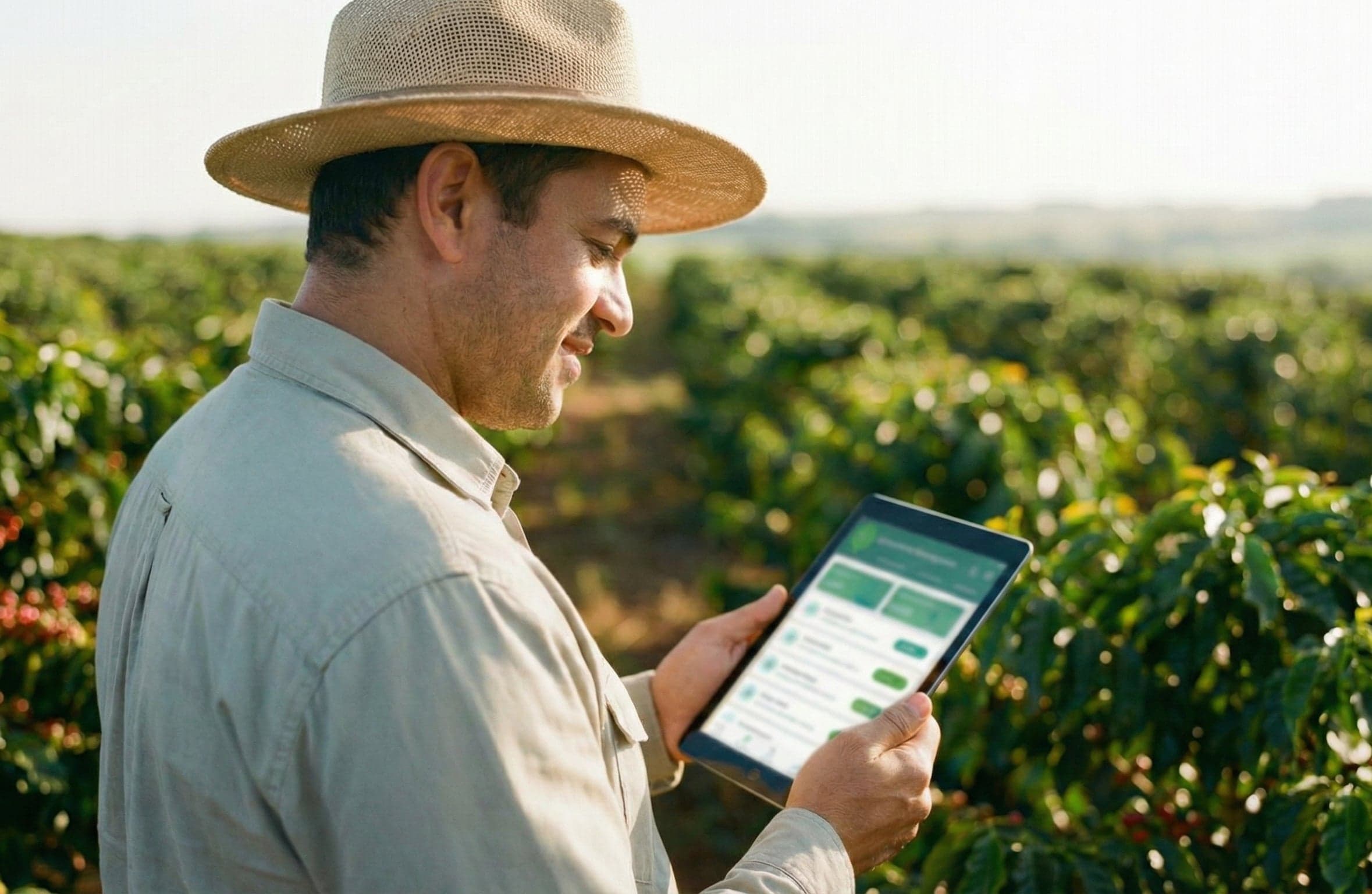 Professional farmer using tablet in field - modern technology meets agriculture