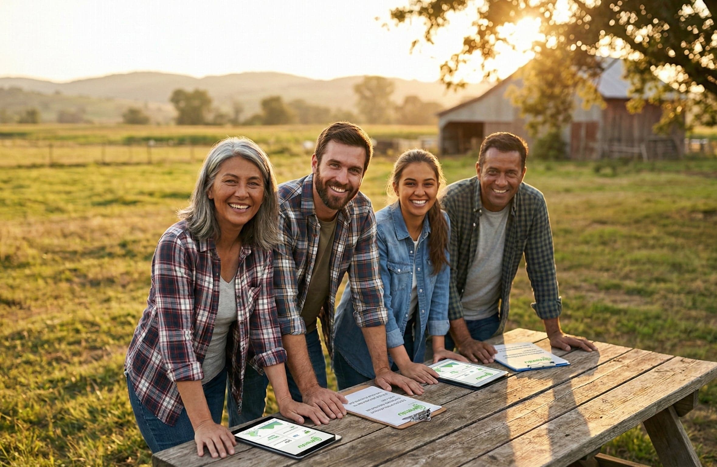 Team of farmers collaborating, diverse group with positive energy